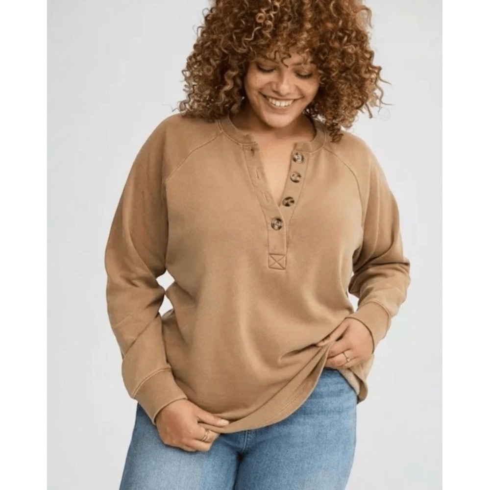 Torrid Sweatshirt 4X Camel Cozy Fleece Henley Raglan Sleeve Lounge Athleisure